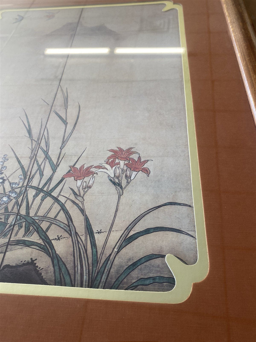 Japanese Birds & Mountain Scape Framed Painting Print, Academy Arts Chicago 8714