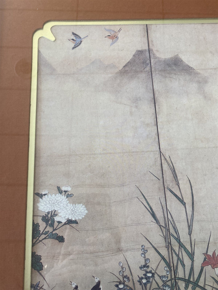 Japanese Birds & Mountain Scape Framed Painting Print, Academy Arts Chicago 8714