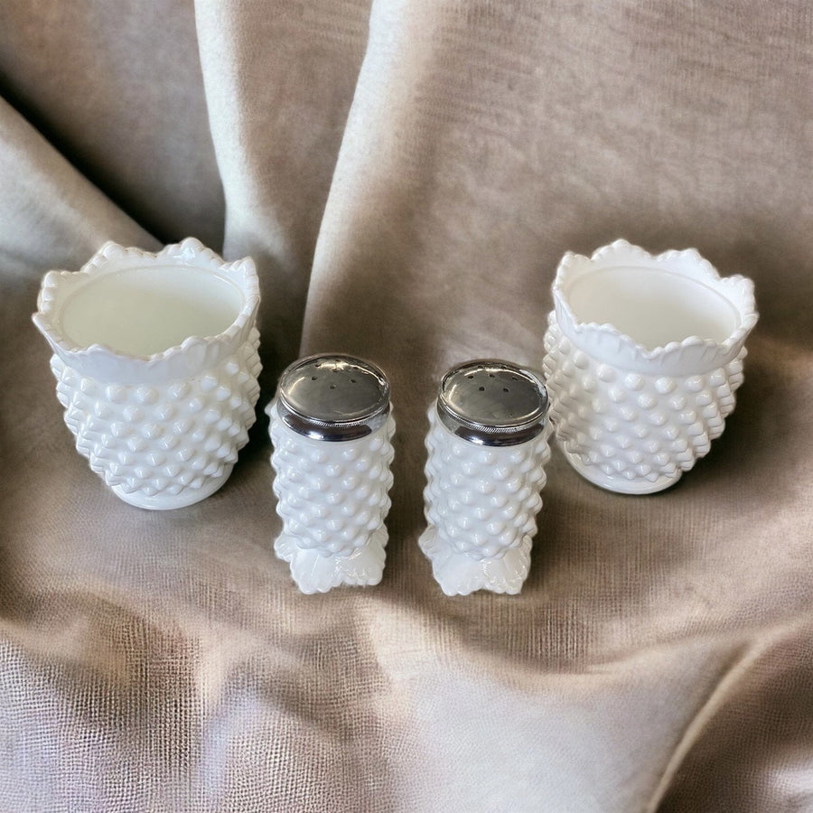 Fenton Milk Glass Hobnail Footed Sugar Cups and Salt and Pepper Set Vintage