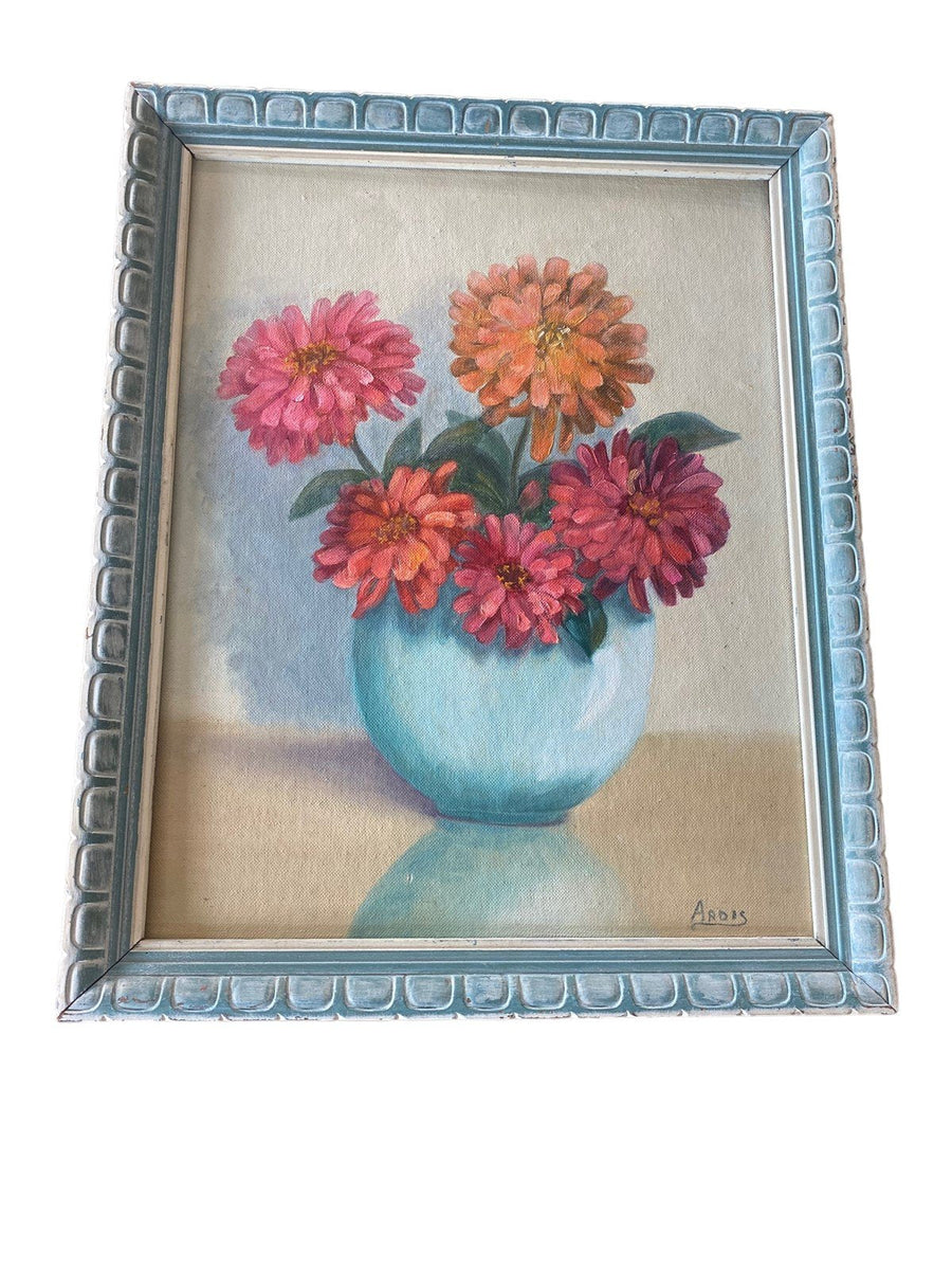 Flowers in Vase Original Oil and Acrylic Painting Framed 1959