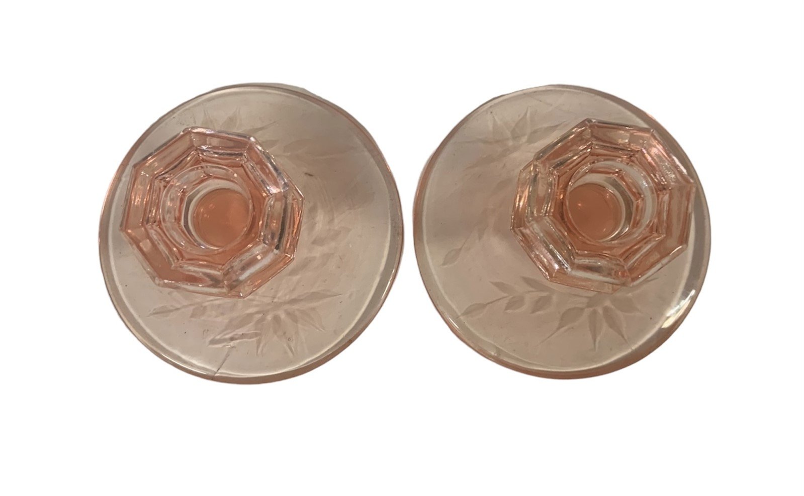 Vintage Candle Holders Pink Etched Depression Glass Pair Tabletop Decor Taper