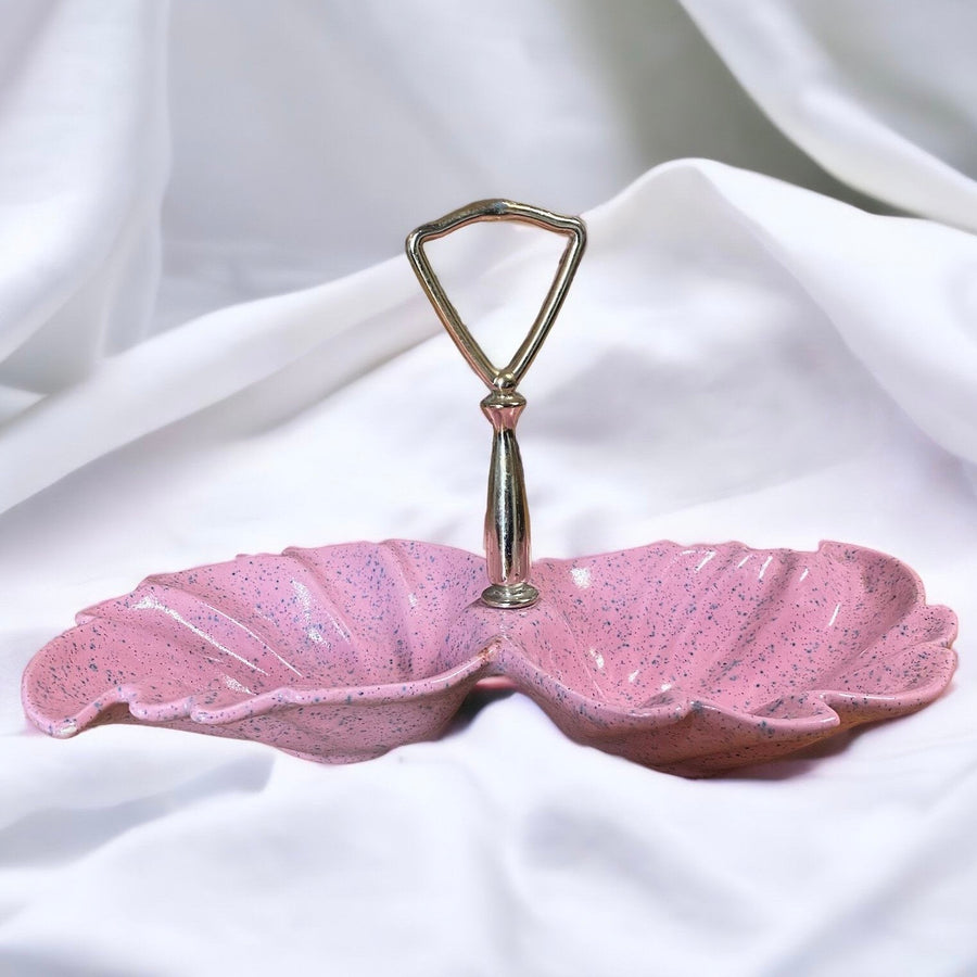 Pink Pottery MCM Vintage Leaf / Shell Design Dish with Gold Handle