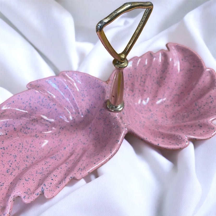 Pink Pottery MCM Vintage Leaf / Shell Design Dish with Gold Handle