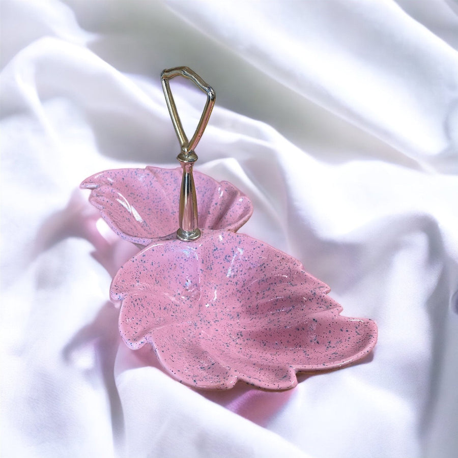 Pink Pottery MCM Vintage Leaf / Shell Design Dish with Gold Handle