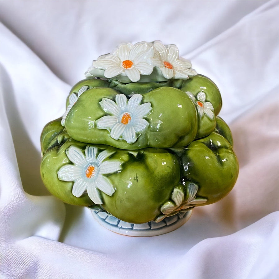 Inarco Japan 1967 Green Apple and Daisy Design Cookie Jar Vintage