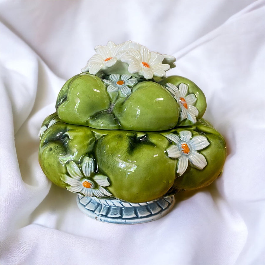 Inarco Japan 1967 Green Apple and Daisy Design Cookie Jar Vintage
