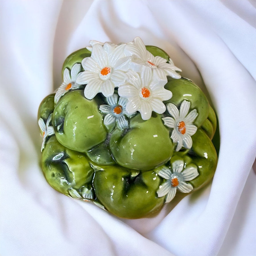 Inarco Japan 1967 Green Apple and Daisy Design Cookie Jar Vintage