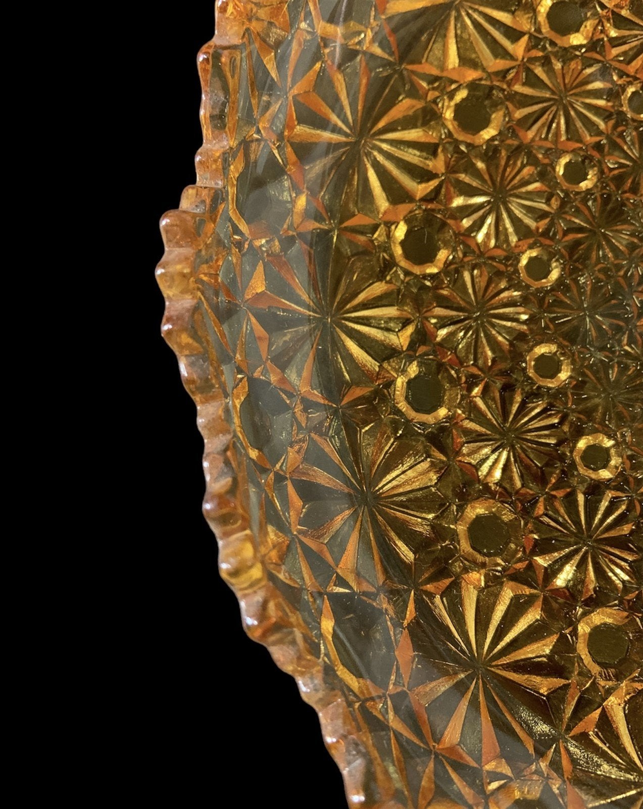 Mid Century Gold Amber Glassware Crystal 70's Mandala Dish Plate Scalloped Edge