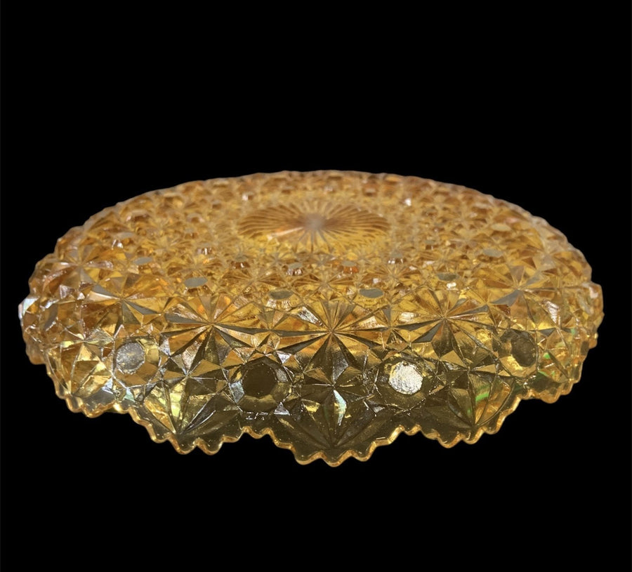 Mid Century Gold Amber Glassware Crystal 70's Mandala Dish Plate Scalloped Edge