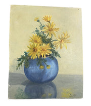 Hand-Painted Yellow Daisy Painting by Ardis Bennett, Mid Century Modern, Antique