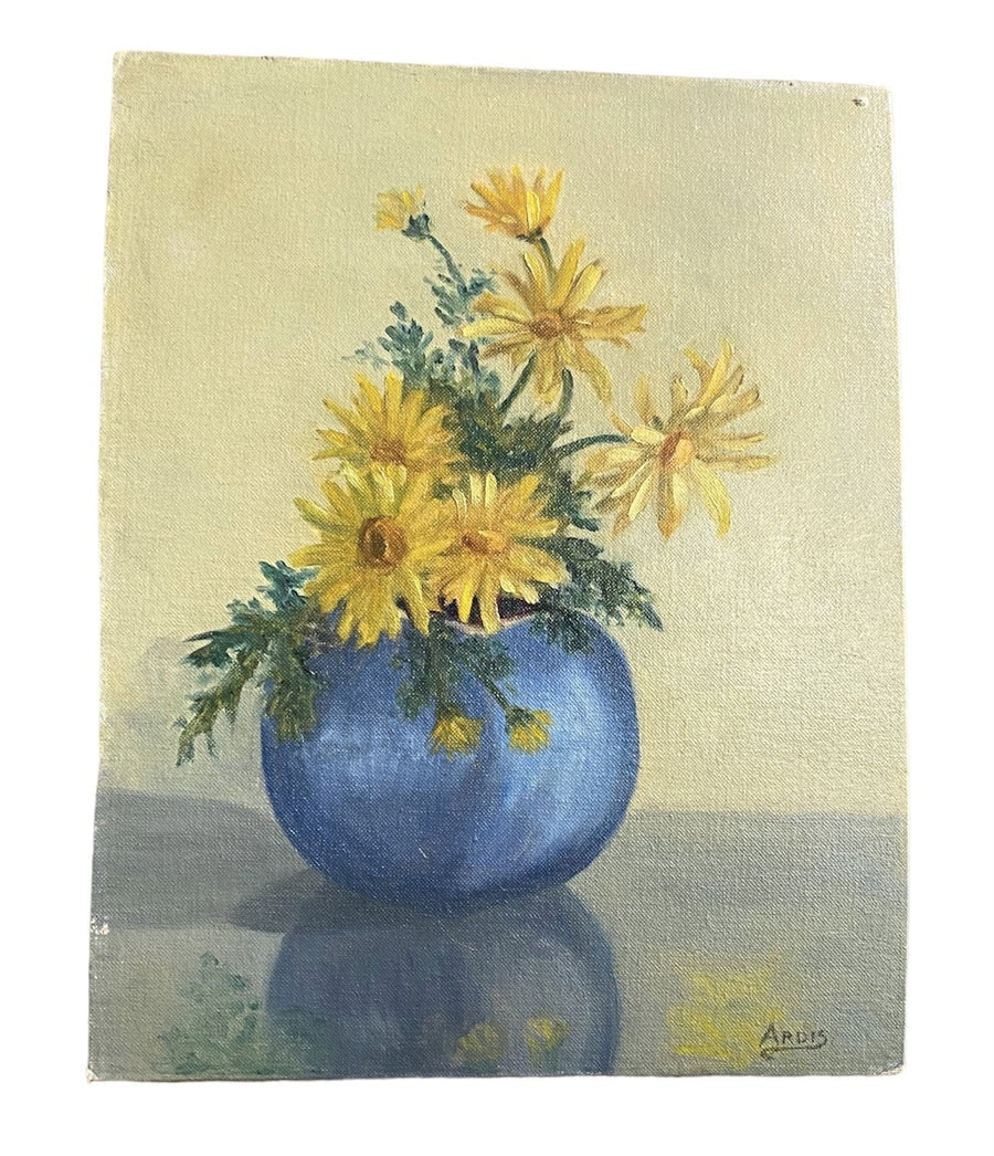 Hand-Painted Yellow Daisy Painting by Ardis Bennett, Mid Century Modern, Antique