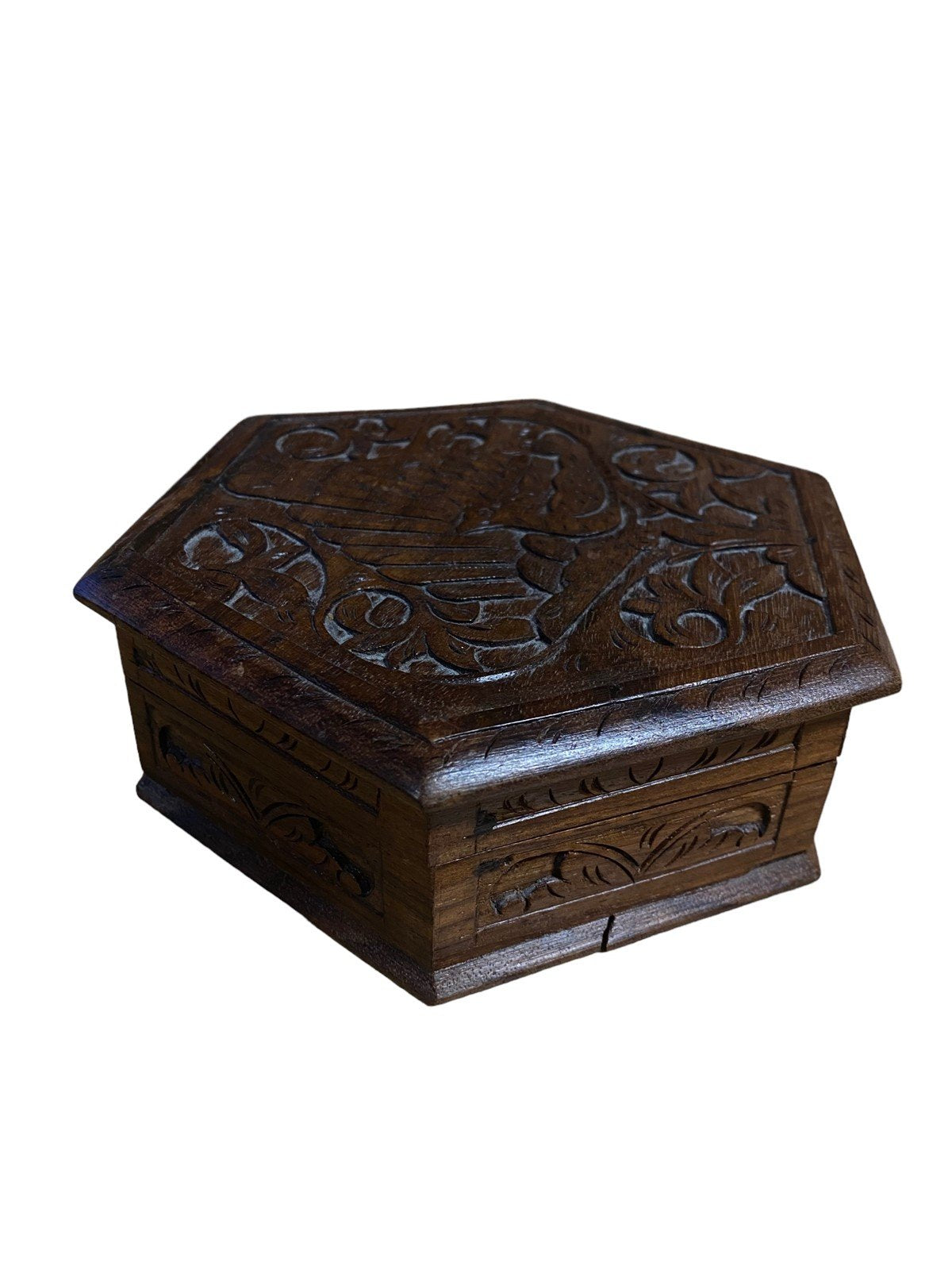 Wood Carved Peacock Vintage 1970s Trinket Box
