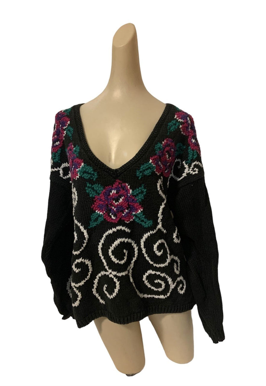 Sweater 1980s Grey Rose Swirl Womens Size M Knit Pullover Maggie Lawrence V-Neck