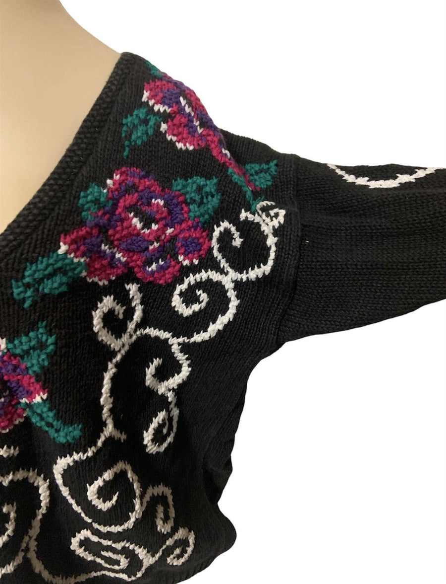 Sweater 1980s Grey Rose Swirl Womens Size M Knit Pullover Maggie Lawrence V-Neck