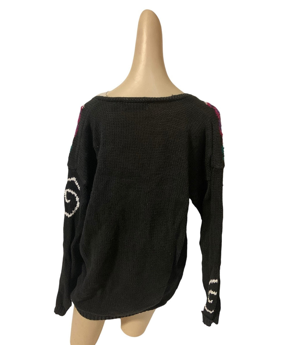 Sweater 1980s Grey Rose Swirl Womens Size M Knit Pullover Maggie Lawrence V-Neck