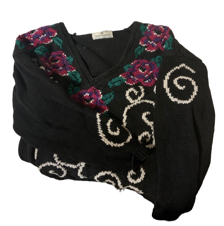 Sweater 1980s Grey Rose Swirl Womens Size M Knit Pullover Maggie Lawrence V-Neck