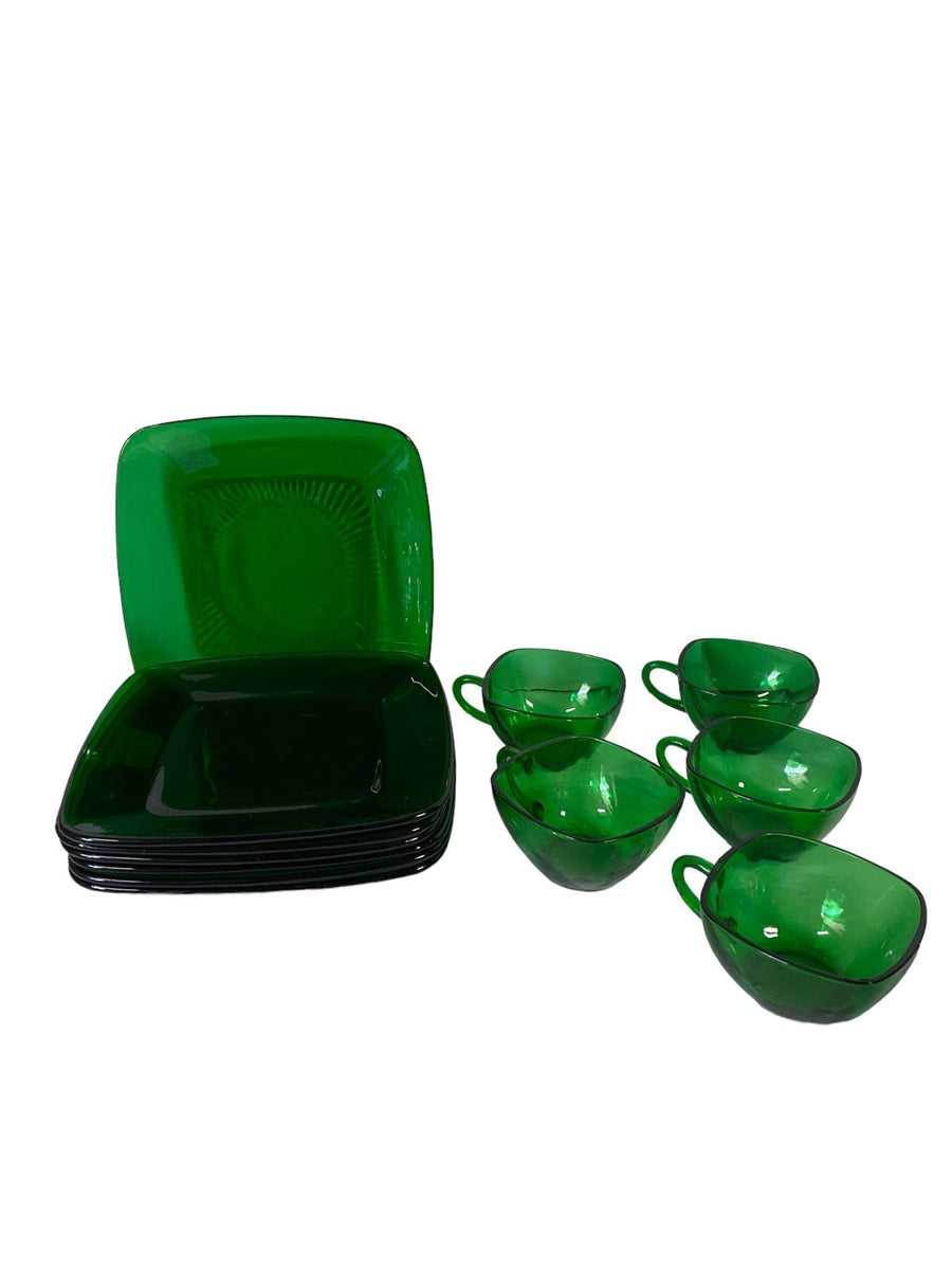 Anchor Hocking Emerald Green Snack Plate and Teacup Set 12 Piece Set