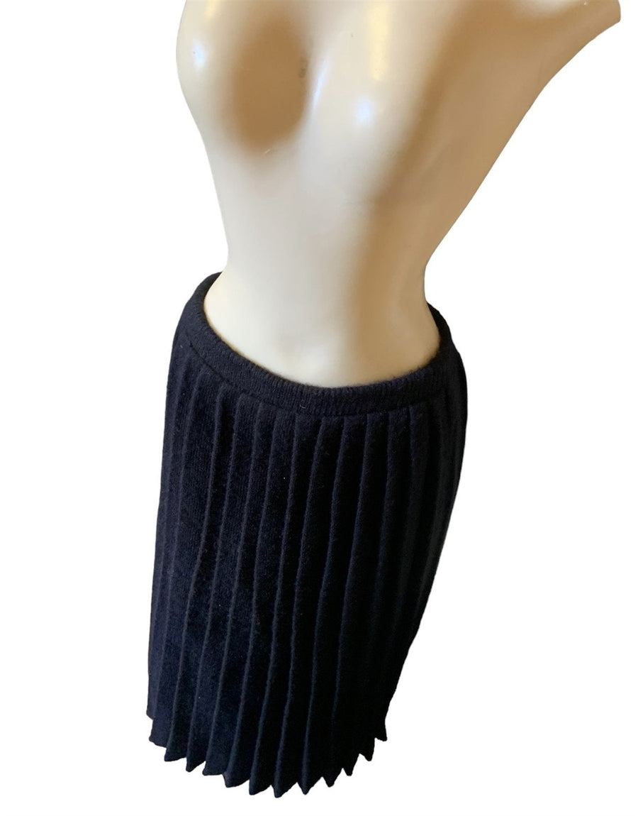 Vintage Wool Pleated Black Midi Skirt Elastic Waist Women's Clothing