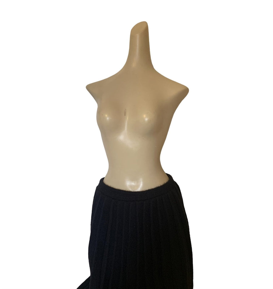 Vintage Wool Pleated Black Midi Skirt Elastic Waist Women's Clothing