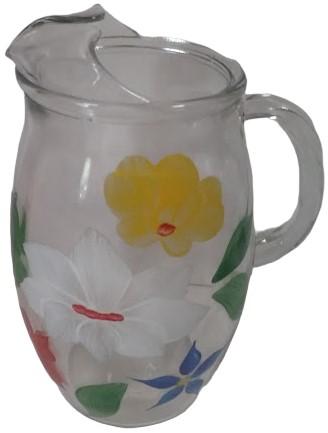 Antique Glass Pitcher with 6 Glasses Vintage Hand-Painted Colorful Flowers