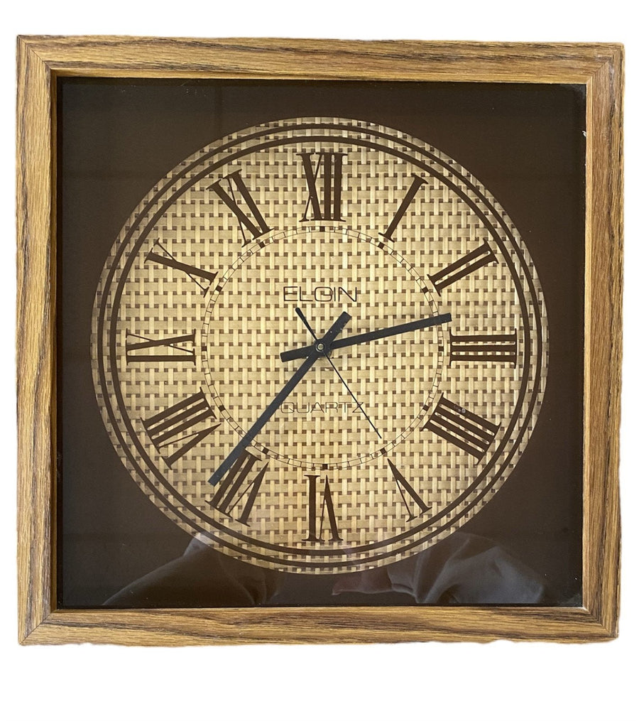 Elgin Quartz Wooden Grain Wall Clock, Rattan Wicker, Vintage