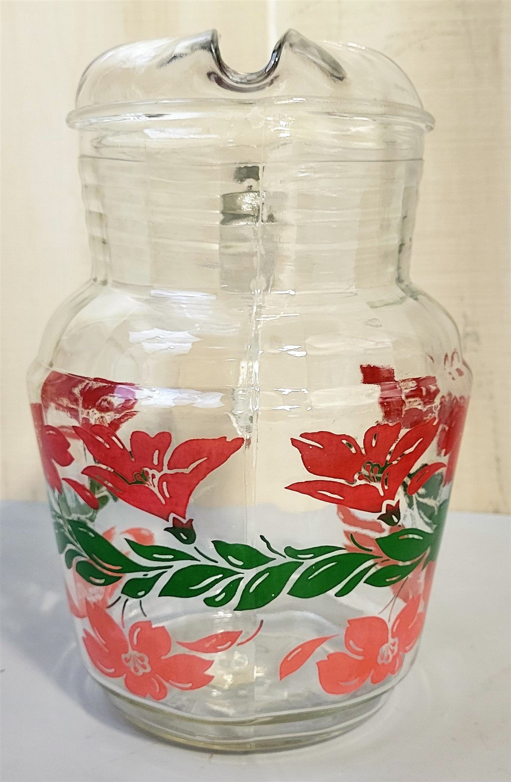 Vintage 1950's MCM Glass Pitcher With Red and Pink Flowers Green Leaves