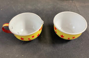 Vintage 1950's Small Doll 2 inch Tin Yellow and Red Teapot and Cups Tea Set