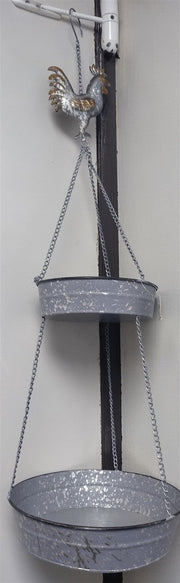 Vintage Gray Metal Double Hanging Bird Feeder With Chains and Rooster Topper d