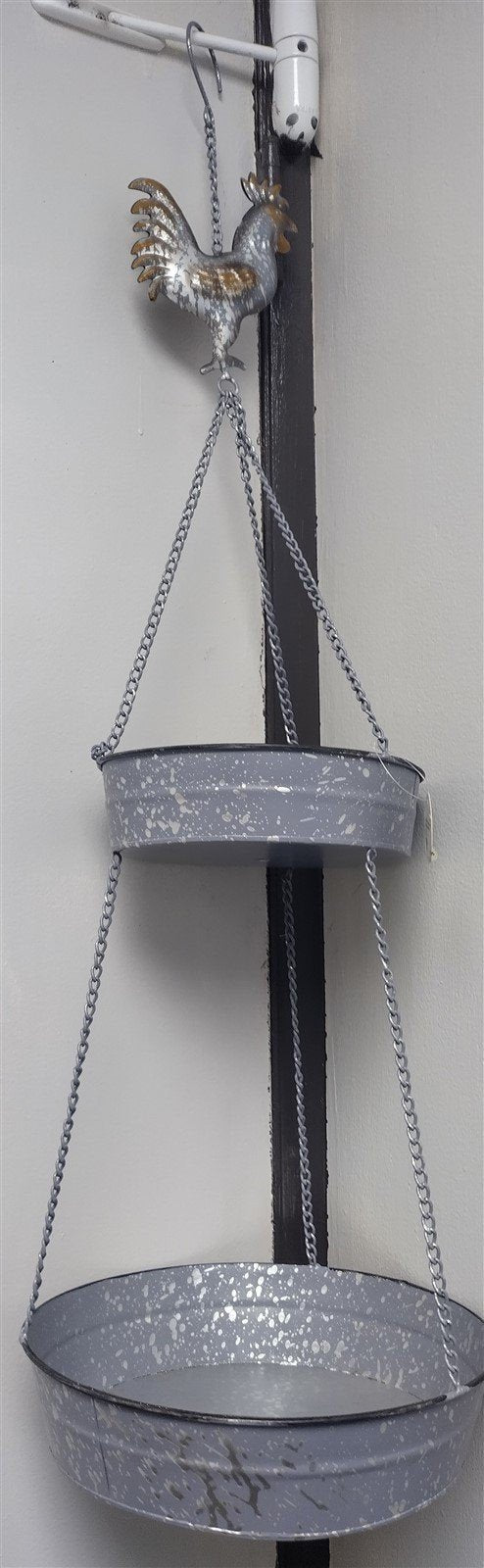 Vintage Gray Metal Double Hanging Bird Feeder With Chains and Rooster Topper d
