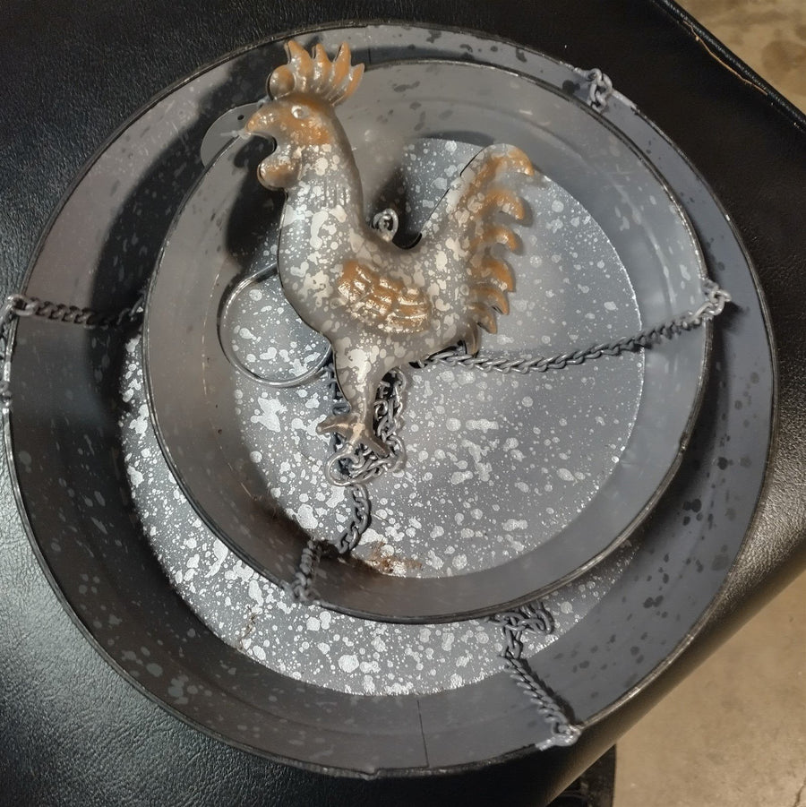 Vintage Gray Metal Double Hanging Bird Feeder With Chains and Rooster Topper d
