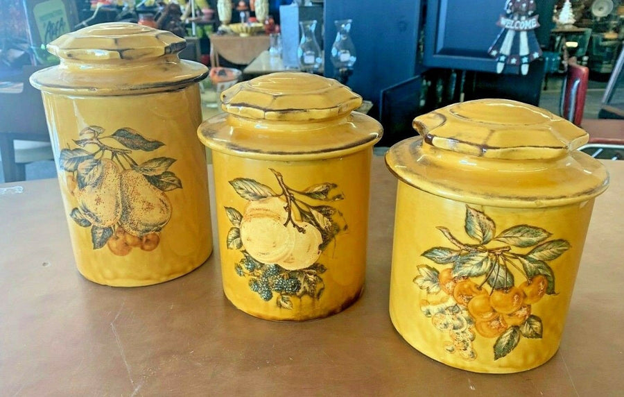 Canister Set with Lids Vintage Yellow with Fruit Decorations Kitchenware Ceramic