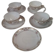 Antique Hand Painted Nippon Vintage Floral Design Bone China 4 Cups 5 Saucers