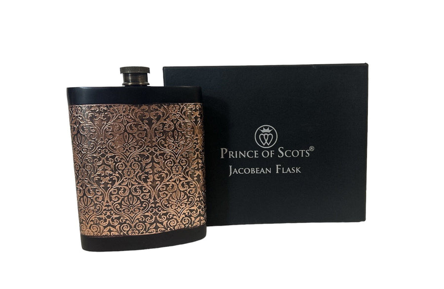 Handcrafted Hand Engraved New in Box Prince of Scots Jacobean Flask