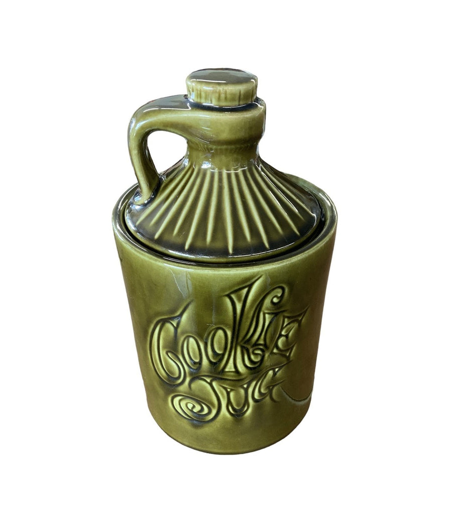 Mccoy Cookie Jug 1970s Pottery Olive Green Jar Home Decor Moonshine Shaped