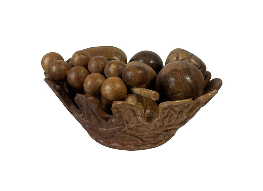 Authentic Hand Carved Bossant Wooden Fruit Bowl with 10pc of Wooden Fruit