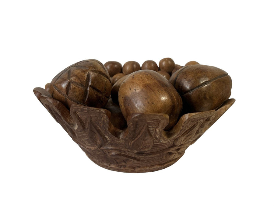 Authentic Hand Carved Bossant Wooden Fruit Bowl with 10pc of Wooden Fruit