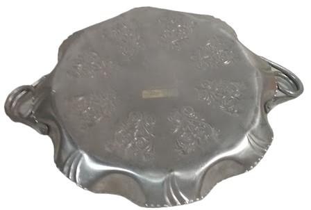 Aluminum Embossed and Pressed Vintage Round Tray w/ Handles Floral Design