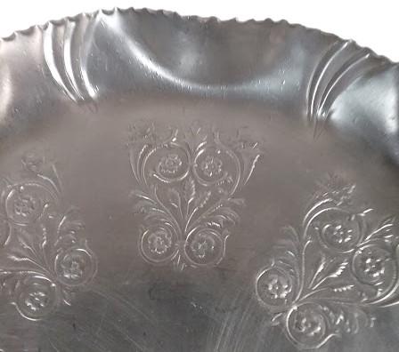 Aluminum Embossed and Pressed Vintage Round Tray w/ Handles Floral Design