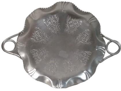 Aluminum Embossed and Pressed Vintage Round Tray w/ Handles Floral Design