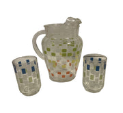 Vintage Pitcher and Tumbler Set 3 Pc MCM Art Deco Geometric Design Libbey Glass