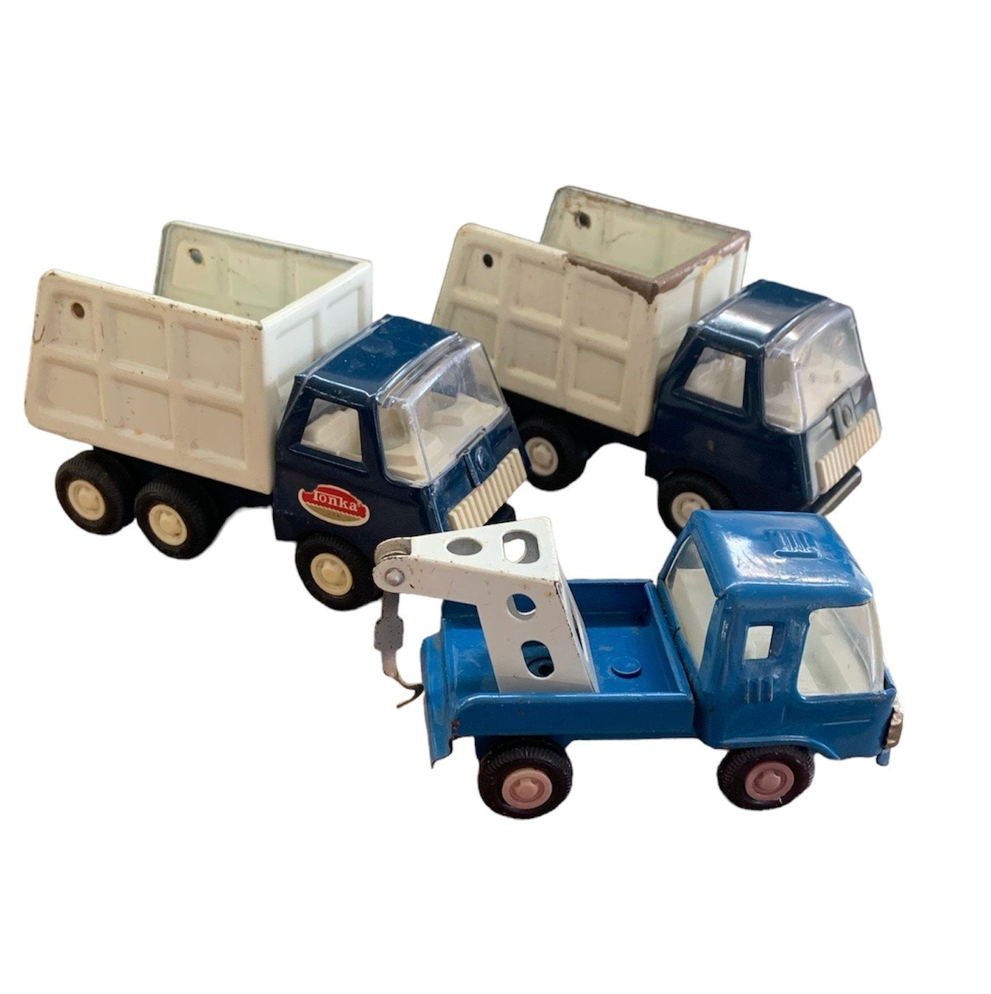 Vintage Tonka Lot of 3 Blue Tow and Garbage Dump Trucks Mini Metal Toys