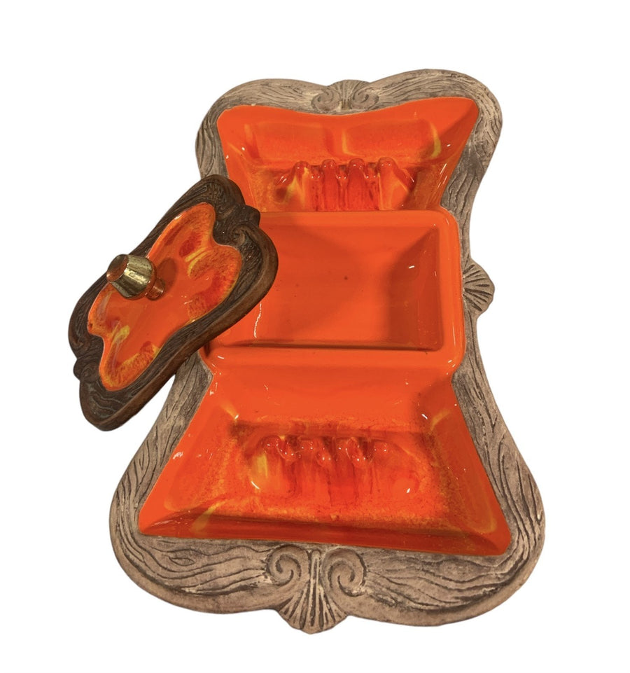 Ashtray California Pottery 1501 Sequoia Divided Orange Faux Wood Rim with Lid