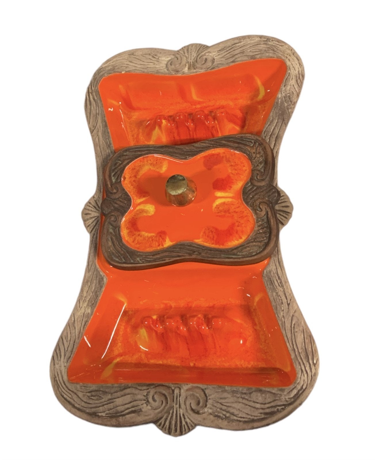 Ashtray California Pottery 1501 Sequoia Divided Orange Faux Wood Rim with Lid