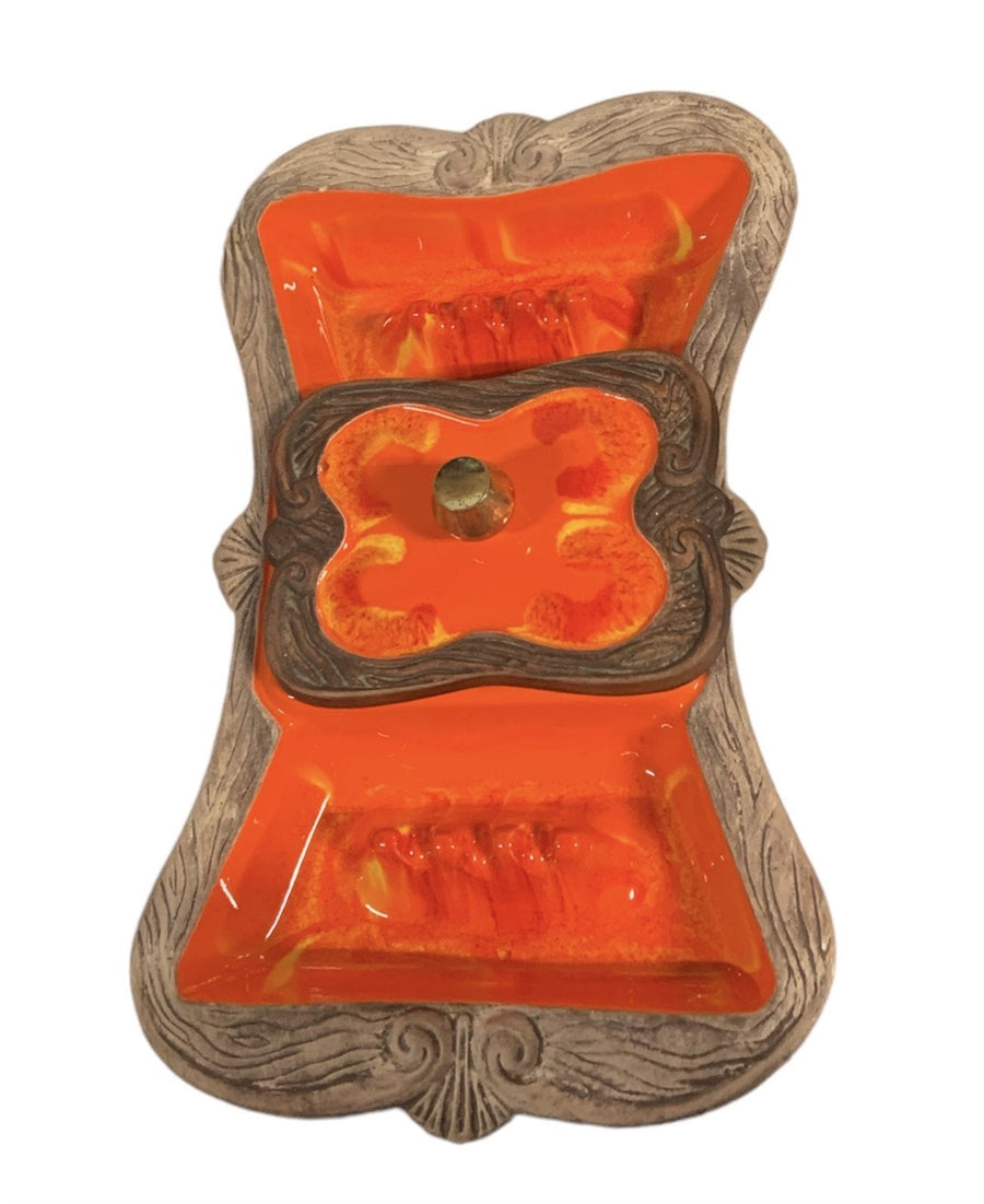 Ashtray California Pottery 1501 Sequoia Divided Orange Faux Wood Rim with Lid