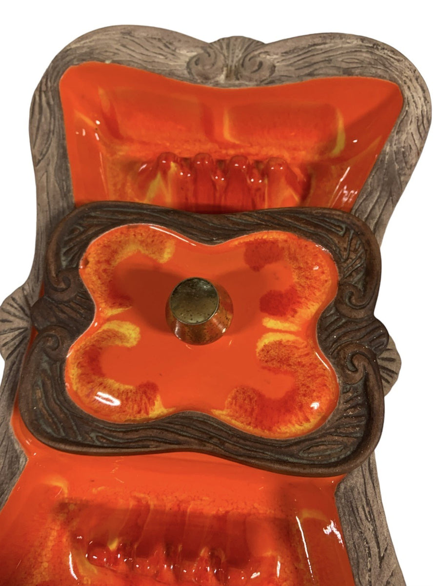 Ashtray California Pottery 1501 Sequoia Divided Orange Faux Wood Rim with Lid