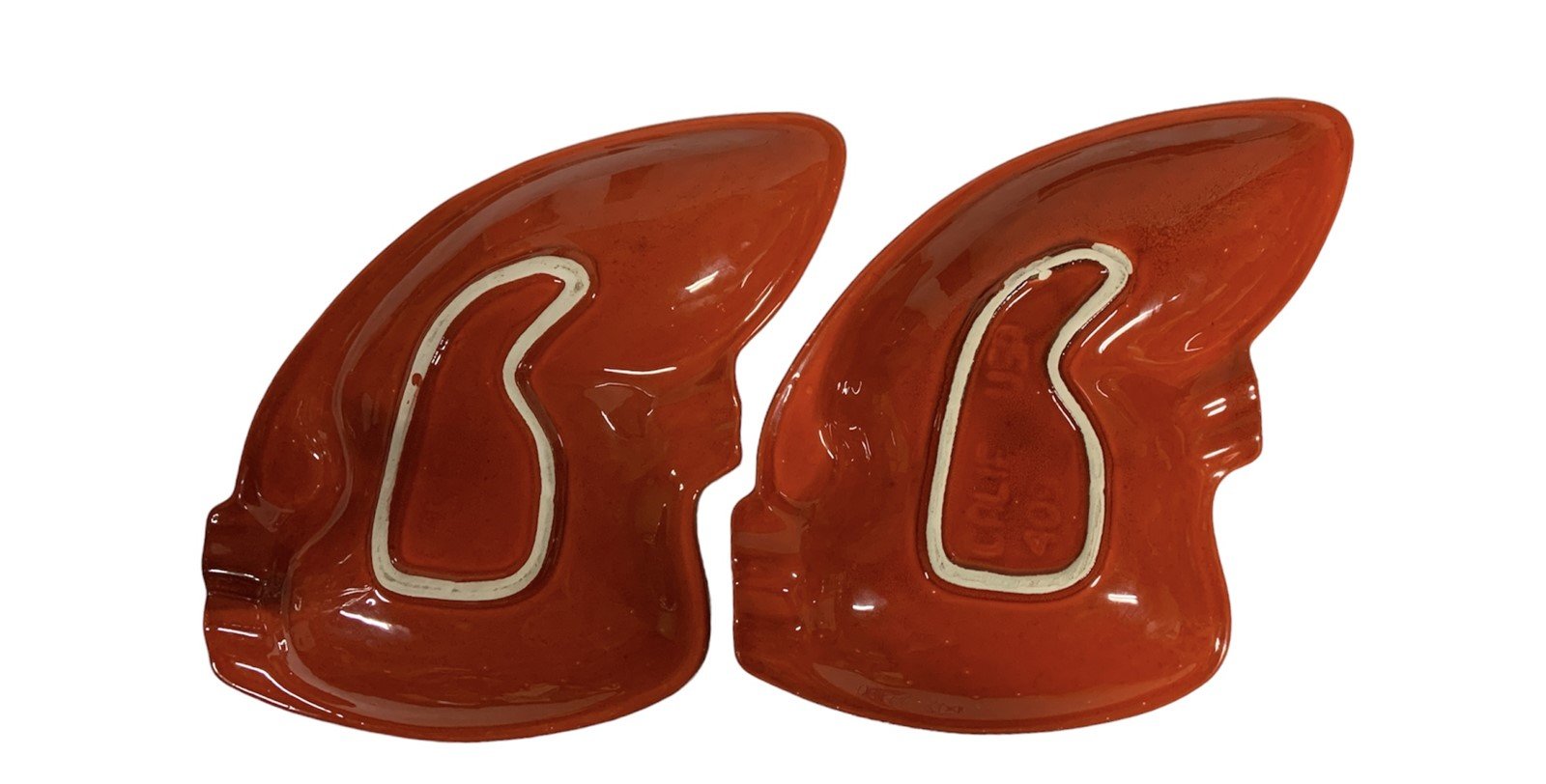 California Pottery 409 Pair of Dishes Ashtrays Atomic Triangle Butterfly Wings