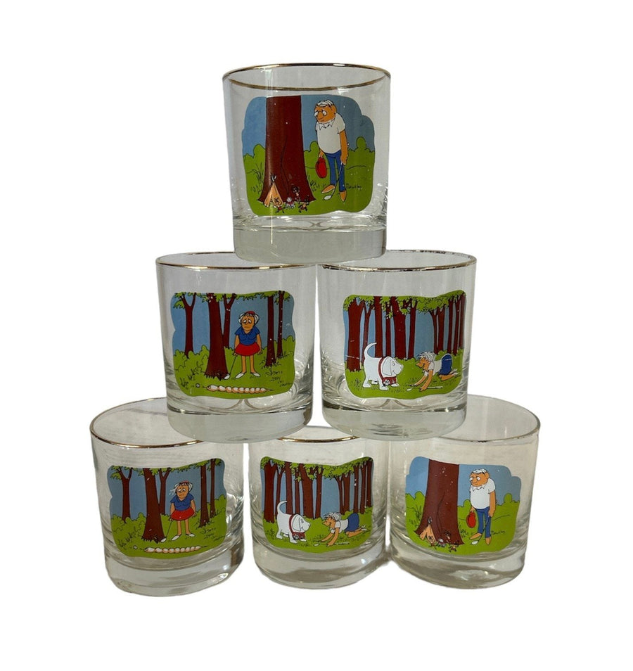 1970s Ashby Golf Comic Cartoon Vintage Artist 6pc Set of Barware Glasses