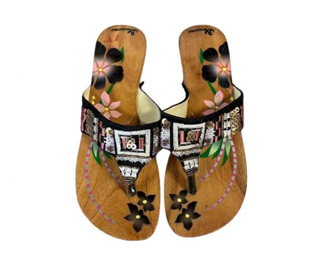 Blossoms Brand Handpainted Floral Hibiscus Asian Style Wooden Womens Sandals