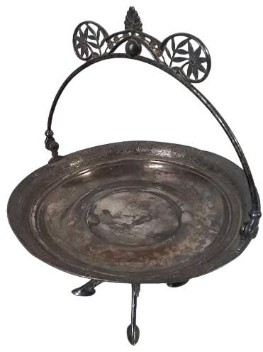 4-Footed Round Serving Tray with Handle Vintage Silverplate Design Around Edges