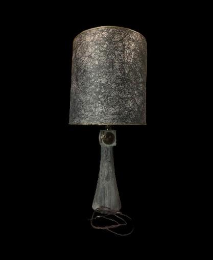 MCM 1950s Horsehair Fiberglass Static Frosted Table Lamp w/ Wooden Lamp Base